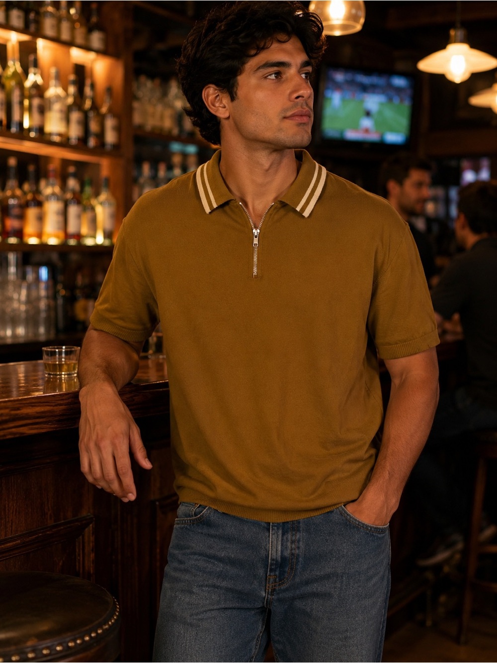 ASOS Short-Sleeve Zip Polo in Mustard with Contrast Collar
